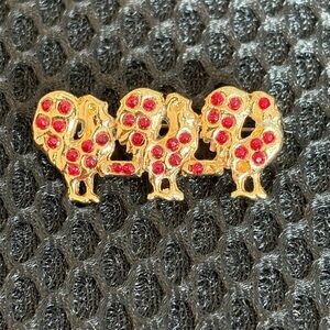 Vintage Unisex Gold-Tone Three Turkeys Brooch Pin with Red Rhinestones